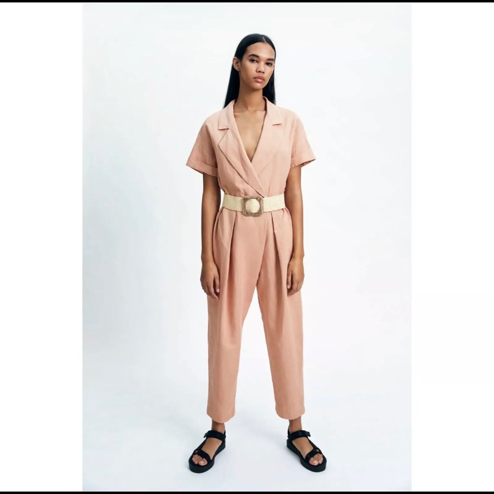 NWT ZARA Linen Jumpsuit Pink with Belt